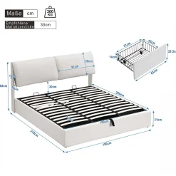 Lit rembourré hydraulique lit coffre 180x200 cm lit de rangement lit trois tiroirs lit cadre et tête de lit à lattes velours blanc