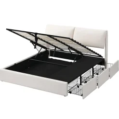 Lit rembourré hydraulique lit coffre 180x200 cm lit de rangement lit trois tiroirs lit cadre et tête de lit à lattes velours blanc