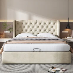 Lit rembourré hydraulique 180x200cm, lit double, lit fonctionnel avec sommier à lattes et espace de rangement,tissu velours,beige