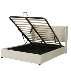 Lit rembourré hydraulique 180x200cm, lit double, lit fonctionnel avec sommier à lattes et espace de rangement,tissu velours,beige