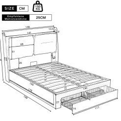 Lit rembourré hydraulique 140x190cm, tiroirs de rangement, avec sommier à lattes, sans matelas, velours, gris