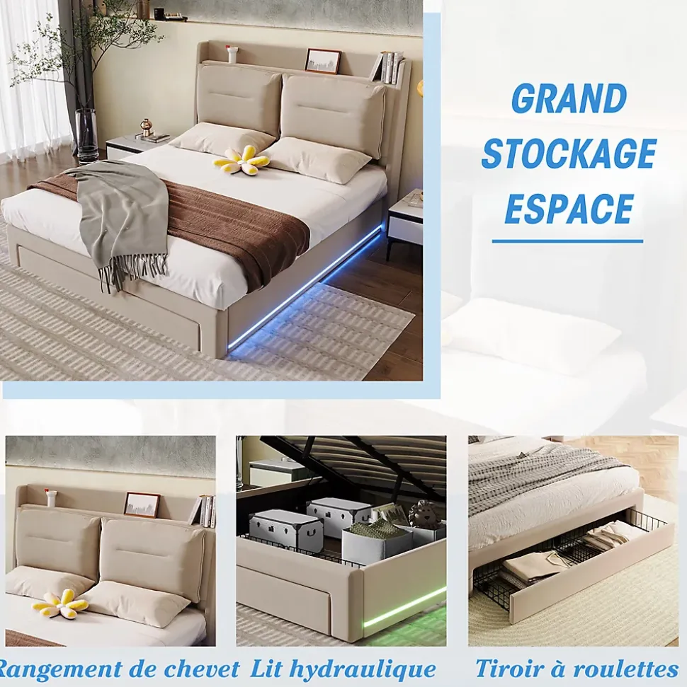Lit rembourré hydraulique 140x190cm, tiroirs de rangement, avec sommier à lattes, sans matelas, velours, beige