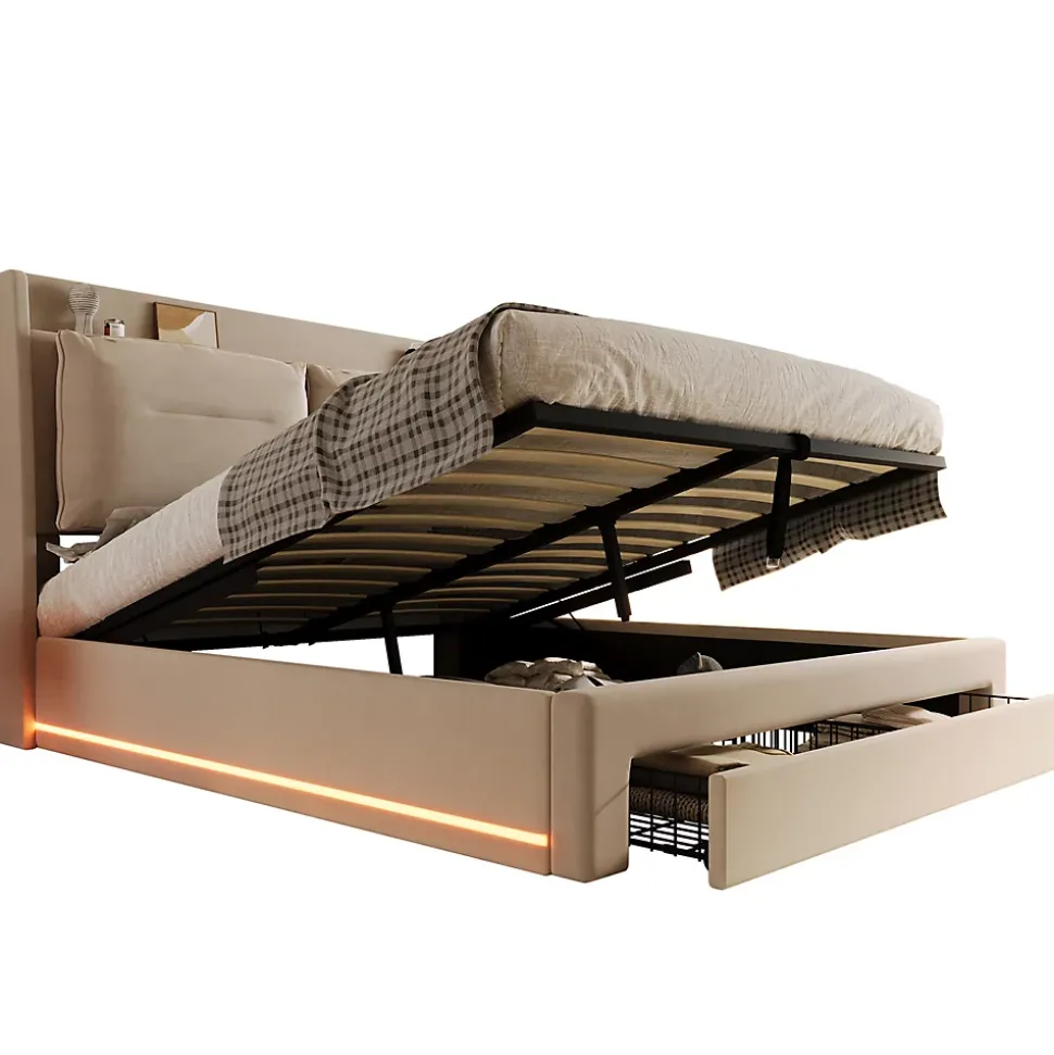 Lit rembourré hydraulique 140x190cm, tiroirs de rangement, avec sommier à lattes, sans matelas, velours, beige