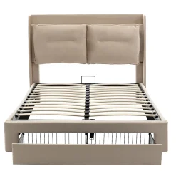 Lit rembourré hydraulique 140x190cm, tiroirs de rangement, avec sommier à lattes, sans matelas, velours, beige