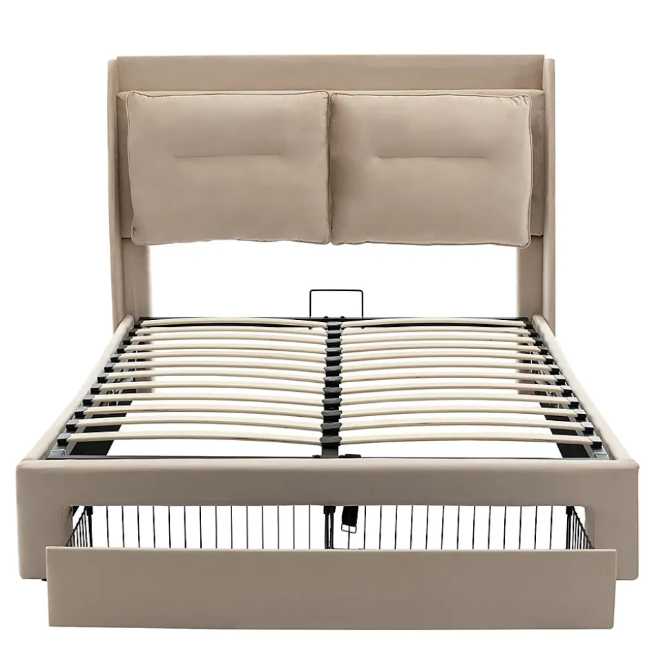 Lit rembourré hydraulique 140x190cm, tiroirs de rangement, avec sommier à lattes, sans matelas, velours, beige