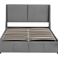 Lit rembourré hydraulique 140x200cm, forme oreille, tête de lit avec coussin, lit double, lit fonctionnel, velours, gris