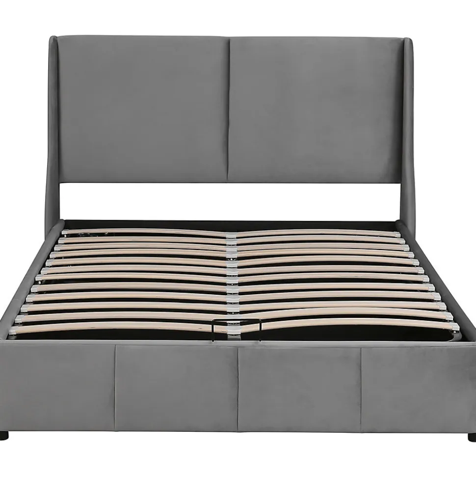 Lit rembourré hydraulique 140x200cm, forme oreille, tête de lit avec coussin, lit double, lit fonctionnel, velours, gris