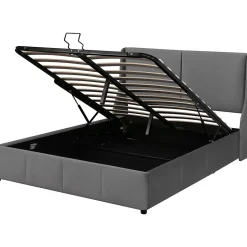 Lit rembourré hydraulique 140x200cm, forme oreille, tête de lit avec coussin, lit double, lit fonctionnel, velours, gris