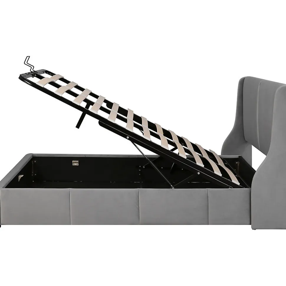 Lit rembourré hydraulique 140x200cm, forme oreille, tête de lit avec coussin, lit double, lit fonctionnel, velours, gris