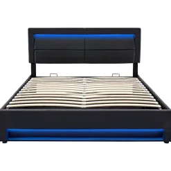 Lit rembourré hydraulique lit coffre lit 140x200 cm lit de rangement lit connexion usb lit eclairage led lit double pu noir