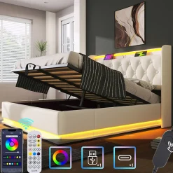 Lit rembourré hydraulique 160x200 cm, lit LED double avec fonction de recharge USB Type-C , lit avec rangement, PU, blanc