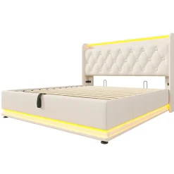 Lit rembourré hydraulique 160x200 cm, lit LED double avec fonction de recharge USB Type-C , lit avec rangement, PU, blanc