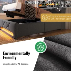 Lit rembourré hydraulique 180x200cm, lit double, espace de rangement tête de lit avec port usb et type c, lin, gris, sans matelas