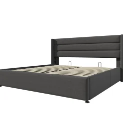 Lit rembourré hydraulique lit coffre lit 140x200 cm lit de rangement lit sommier à lattes en bois lit en métal lit double lin gris