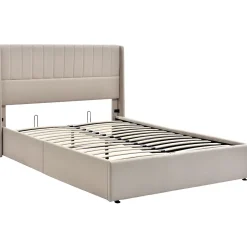 Lit rembourré hydraulique 140x200cm, lit avec rangement, lit double, avec sommier à lattes et structure métallique, lin, beige