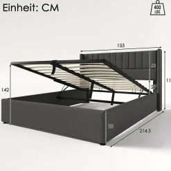 Lit rembourré hydraulique lit coffre 140x200 cm lit de rangement lit en métal lit cadre à lattes en bois lit double lin gris