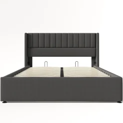 Lit rembourré hydraulique lit coffre 140x200 cm lit de rangement lit en métal lit cadre à lattes en bois lit double lin gris