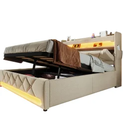 Lit rembourré hydraulique 180x200cm, lit double, espace de rangement en tête de lit avec port usb et type c,lin,beige,sans matelas