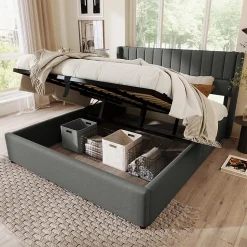 Lit rembourré hydraulique lit coffre lit 180x200 cm lit de rangement lit en métal lit cadre à lattes en bois lit double lin gris