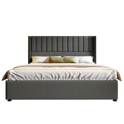 Lit rembourré hydraulique lit coffre lit 180x200 cm lit de rangement lit en métal lit cadre à lattes en bois lit double lin gris