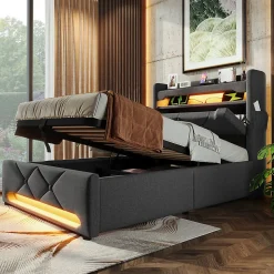 Lit rembourré hydraulique 90x200cm, Single, tête de lit de rangement avec port usb et type c, lin, gris, sans matelas