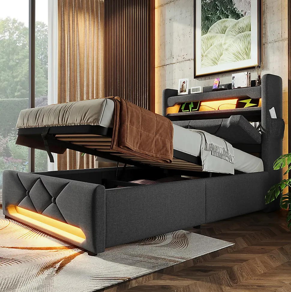 Lit rembourré hydraulique 90x200cm, Single, tête de lit de rangement avec port usb et type c, lin, gris, sans matelas