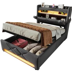 Lit rembourré hydraulique 90x200cm, Single, tête de lit de rangement avec port usb et type c, lin, gris, sans matelas