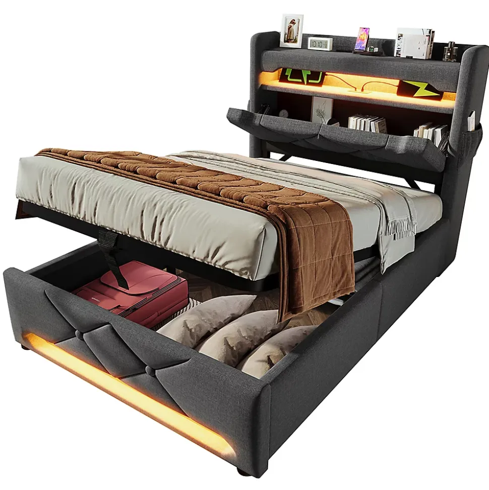 Lit rembourré hydraulique 90x200cm, Single, tête de lit de rangement avec port usb et type c, lin, gris, sans matelas