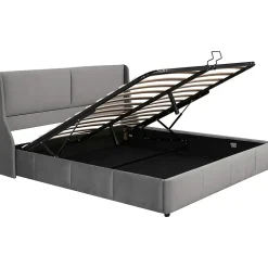 Lit rembourré hydraulique 160x200cm, lit double avec tête de coussin, forme d'oreille, lit fonctionnel, velours, gris