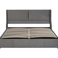 Lit rembourré hydraulique 160x200cm, lit double avec tête de coussin, forme d'oreille, lit fonctionnel, velours, gris