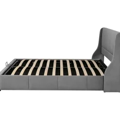 Lit rembourré hydraulique 160x200cm, lit double avec tête de coussin, forme d'oreille, lit fonctionnel, velours, gris