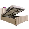 Lit rembourré hydraulique 140x200cm, tête de lit avec fonction de recharge USB Type-C, lit avec rangement, lin, beige,sans matelas