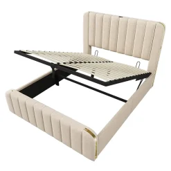 Lit rembourré hydraulique 140x200cm, tête de lit avec fonction de recharge USB Type-C, lit avec rangement, lin, beige,sans matelas