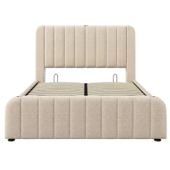 Lit rembourré hydraulique 140x200cm, tête de lit avec fonction de recharge USB Type-C, lit avec rangement, lin, beige,sans matelas