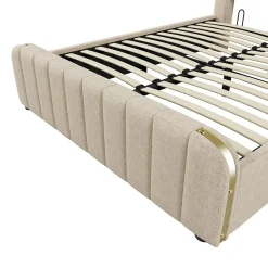 Lit rembourré hydraulique 140x200cm, tête de lit avec fonction de recharge USB Type-C, lit avec rangement, lin, beige,sans matelas