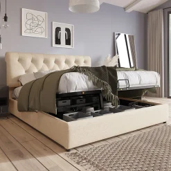 Lit rembourré hydraulique lit coffre 160x200 cm lit de rangement lit en métal lit double lin gris clair