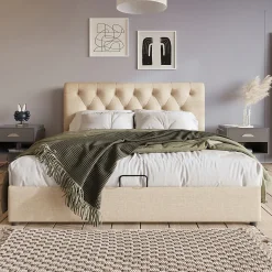 Lit rembourré hydraulique lit coffre 160x200 cm lit de rangement lit en métal lit double lin gris clair