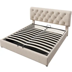 Lit rembourré hydraulique lit coffre 160x200 cm lit de rangement lit en métal lit double lin gris clair