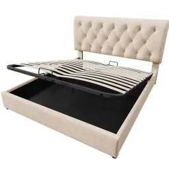 Lit rembourré hydraulique lit coffre 160x200 cm lit de rangement lit en métal lit double lin gris clair