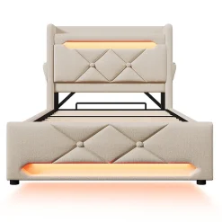 Lit rembourré hydraulique 90x200cm, Single, tête de lit de rangement avec port usb et type c, lin, beige, sans matelas