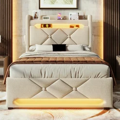 Lit rembourré hydraulique 90x200cm, Single, tête de lit de rangement avec port usb et type c, lin, beige, sans matelas