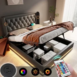 Lit rembourré hydraulique 180x200cm lit de rangement lit double avec fonction de charge usb type-c tête de lit pu noir