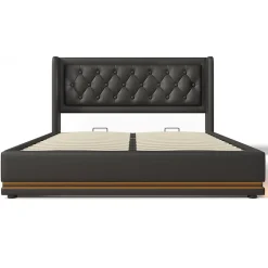 Lit rembourré hydraulique 180x200cm lit de rangement lit double avec fonction de charge usb type-c tête de lit pu noir