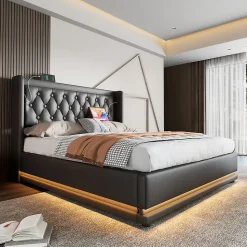 Lit rembourré hydraulique 180x200cm lit de rangement lit double avec fonction de charge usb type-c tête de lit pu noir