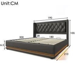 Lit rembourré hydraulique 180x200cm lit de rangement lit double avec fonction de charge usb type-c tête de lit pu noir