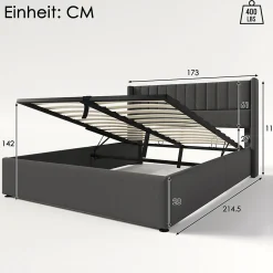 Lit rembourré hydraulique lit coffre lit 160x200 cm lit de rangement lit en métal lit cadre à lattes en bois lit double lin gris