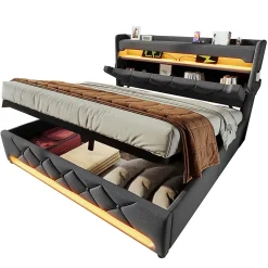 Lit rembourré hydraulique 140x200cm, lit double, espace de rangement tête de lit avec port usb et type c, lin, gris, sans matelas