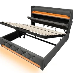 Lit rembourré hydraulique 140x200cm, lit double, espace de rangement tête de lit avec port usb et type c, lin, gris, sans matelas