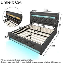 Lit rembourré hydraulique 140x200cm, lit double, espace de rangement tête de lit avec port usb et type c, lin, gris, sans matelas