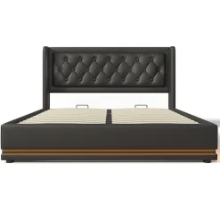 Lit rembourré hydraulique 160x200cm lit de rangement lit double avec fonction de charge usb type-c tête de lit pu noir